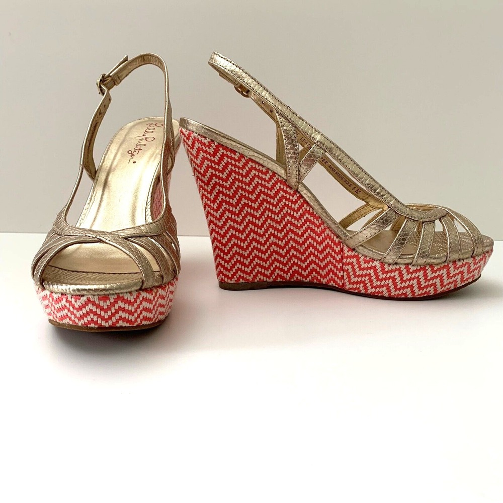 New Lilly Pulitzer Sophie Gold Leather Raffia Wedge‎ Platform Sandals 6 Chevron